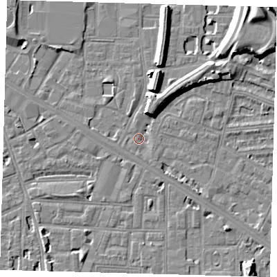 Shaded relief map of the ground around SE151DR, computed from Environment Agency LiDAR. The ground here sits at about 3 m above sea level and falls 13 m across the surrounding 800 m. Surface water reaching this point runs off ground lying to the north-north-east, 7.4 m higher.