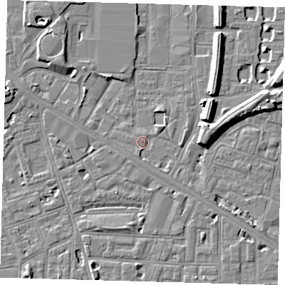 Shaded relief map of the ground around SE151DS, computed from Environment Agency LiDAR. The ground here sits at about 3 m above sea level and falls 8 m across the surrounding 800 m. Surface water reaching this point runs off ground lying to the south-south-west, 1.3 m higher.