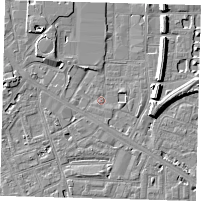 Shaded relief map of the ground around SE151ED, computed from Environment Agency LiDAR. The ground here sits at about 2 m above sea level and falls 8 m across the surrounding 800 m. Surface water reaching this point runs off ground lying to the west, 1.4 m higher.
