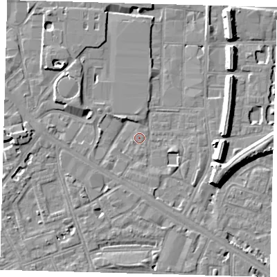 Shaded relief map of the ground around SE151EE, computed from Environment Agency LiDAR. The ground here sits at about 2 m above sea level and falls 8 m across the surrounding 800 m. Surface water reaching this point runs off ground lying to the north-west, 4.3 m higher.