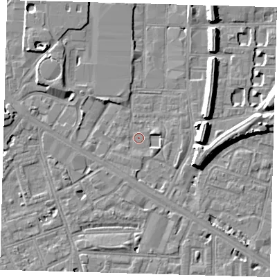 Shaded relief map of the ground around SE151EF, computed from Environment Agency LiDAR. The ground here sits at about 2 m above sea level and falls 8 m across the surrounding 800 m. Surface water reaching this point runs off ground lying to the east-north-east, 2.1 m higher.
