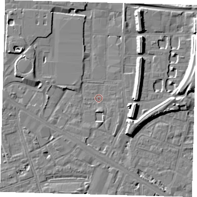Shaded relief map of the ground around SE151EG, computed from Environment Agency LiDAR. The ground here sits at about 2 m above sea level and falls 8 m across the surrounding 800 m. Surface water reaching this point runs off ground lying to the south-south-east, 1.8 m higher.