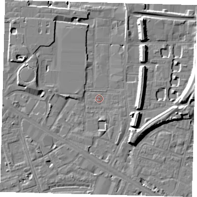 Shaded relief map of the ground around SE151EH, computed from Environment Agency LiDAR. The ground here sits at about 2 m above sea level and falls 10 m across the surrounding 800 m. Surface water reaching this point runs off ground lying to the west-north-west, 4.3 m higher.