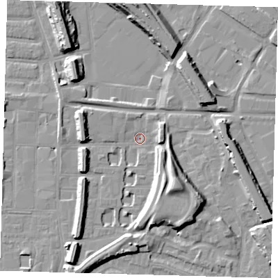 Shaded relief map of the ground around SE151EP, computed from Environment Agency LiDAR. The ground here sits at about 1 m above sea level and falls 13 m across the surrounding 800 m. Surface water reaching this point runs off ground lying to the south-east, 12.1 m higher.