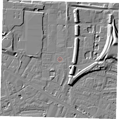Shaded relief map of the ground around SE151EQ, computed from Environment Agency LiDAR. The ground here sits at about 2 m above sea level and falls 15 m across the surrounding 800 m. The ground contributing surface water to this point lies to the south-south-east.