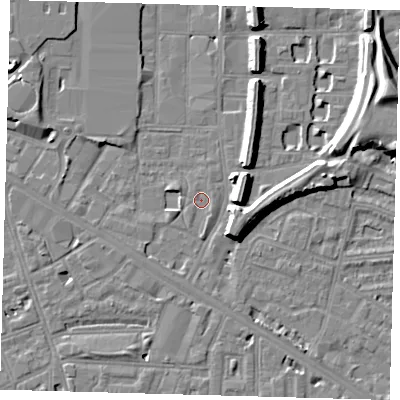 Shaded relief map of the ground around SE151ES, computed from Environment Agency LiDAR. The ground here sits at about 3 m above sea level and falls 13 m across the surrounding 800 m. Surface water reaching this point runs off ground lying to the south-south-east, 1.0 m higher.