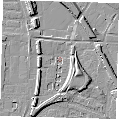 Shaded relief map of the ground around SE151ET, computed from Environment Agency LiDAR. The ground here sits at about 1 m above sea level and falls 13 m across the surrounding 800 m. Surface water reaching this point runs off ground lying to the south-east, 12.1 m higher.