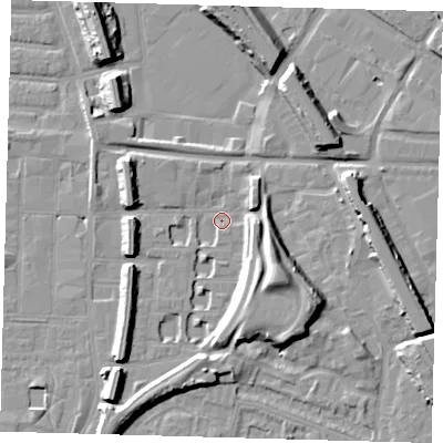 Shaded relief map of the ground around SE151EU, computed from Environment Agency LiDAR. The ground here sits at about 2 m above sea level and falls 13 m across the surrounding 800 m. Surface water reaching this point runs off ground lying to the south-east, 12.1 m higher.