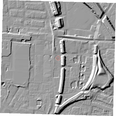 Shaded relief map of the ground around SE151EW, computed from Environment Agency LiDAR. The ground here sits at about 2 m above sea level and falls 15 m across the surrounding 800 m. Surface water reaching this point runs off ground lying to the east-south-east, 12.1 m higher.