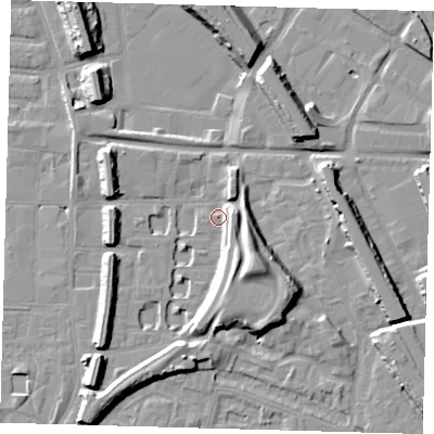 Shaded relief map of the ground around SE151EX, computed from Environment Agency LiDAR. The ground here sits at about 3 m above sea level and falls 13 m across the surrounding 800 m. Surface water reaching this point runs off ground lying to the south-east, 11.8 m higher.