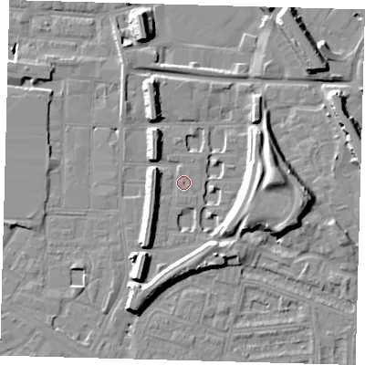 Shaded relief map of the ground around SE151EY, computed from Environment Agency LiDAR. The ground here sits at about 2 m above sea level and falls 15 m across the surrounding 800 m. Surface water reaching this point runs off ground lying to the east, 9.1 m higher.
