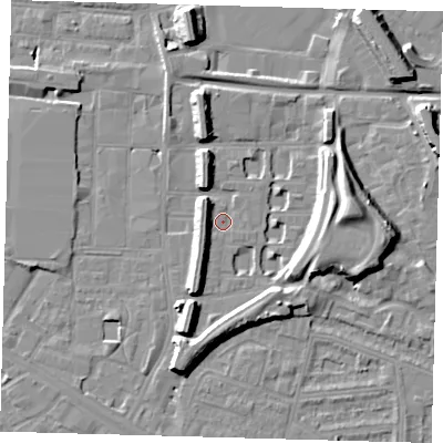 Shaded relief map of the ground around SE151EZ, computed from Environment Agency LiDAR. The ground here sits at about 2 m above sea level and falls 15 m across the surrounding 800 m. Surface water reaching this point runs off ground lying to the east, 9.1 m higher.