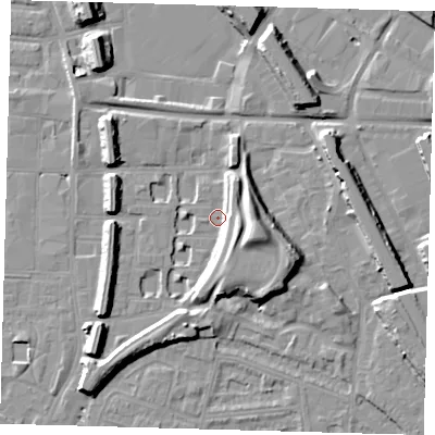 Shaded relief map of the ground around SE151HA, computed from Environment Agency LiDAR. The ground here sits at about 3 m above sea level and falls 13 m across the surrounding 800 m. Surface water reaching this point runs off ground lying to the east-south-east, 8.3 m higher.