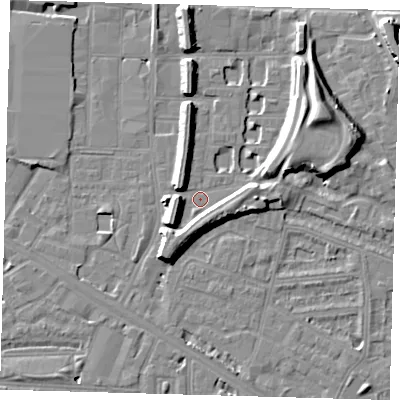 Shaded relief map of the ground around SE151HB, computed from Environment Agency LiDAR. The ground here sits at about 2 m above sea level and falls 13 m across the surrounding 800 m. Surface water reaching this point runs off ground lying to the south-south-west, 6.5 m higher.