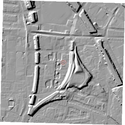 Shaded relief map of the ground around SE151HD, computed from Environment Agency LiDAR. The ground here sits at about 3 m above sea level and falls 13 m across the surrounding 800 m. Surface water reaching this point runs off ground lying to the east-south-east, 9.1 m higher.