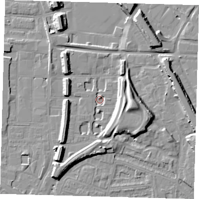 Shaded relief map of the ground around SE151HE, computed from Environment Agency LiDAR. The ground here sits at about 1 m above sea level and falls 13 m across the surrounding 800 m. Surface water reaching this point runs off ground lying to the east-south-east, 9.1 m higher.