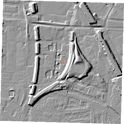 Shaded relief map of the ground around SE151HF, computed from Environment Agency LiDAR. The ground here sits at about 3 m above sea level and falls 13 m across the surrounding 800 m. Surface water reaching this point runs off ground lying to the east, 9.1 m higher.