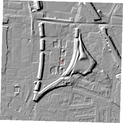Shaded relief map of the ground around SE151HG, computed from Environment Agency LiDAR. The ground here sits at about 1 m above sea level and falls 13 m across the surrounding 800 m. Surface water reaching this point runs off ground lying to the east-north-east, 9.1 m higher.