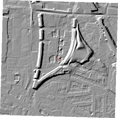 Shaded relief map of the ground around SE151HL, computed from Environment Agency LiDAR. The ground here sits at about 1 m above sea level and falls 13 m across the surrounding 800 m. Surface water reaching this point runs off ground lying to the north-east, 9.1 m higher.