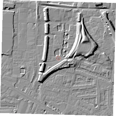 Shaded relief map of the ground around SE151HN, computed from Environment Agency LiDAR. The ground here sits at about 3 m above sea level and falls 13 m across the surrounding 800 m. Surface water reaching this point runs off ground lying to the north-east, 9.1 m higher.