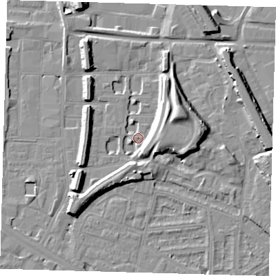 Shaded relief map of the ground around SE151HQ, computed from Environment Agency LiDAR. The ground here sits at about 3 m above sea level and falls 13 m across the surrounding 800 m. Surface water reaching this point runs off ground lying to the east-north-east, 8.3 m higher.