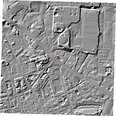Shaded relief map of the ground around SE151JL, computed from Environment Agency LiDAR. The ground here sits at about 3 m above sea level and falls 5 m across the surrounding 800 m. Surface water reaching this point runs off ground lying to the north-north-west, 1.4 m higher.