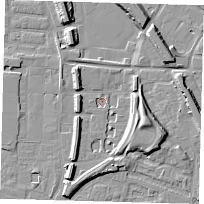 Shaded relief map of the ground around SE151JQ, computed from Environment Agency LiDAR. The ground here sits at about 1 m above sea level and falls 13 m across the surrounding 800 m. Surface water reaching this point runs off ground lying to the east-south-east, 12.1 m higher.