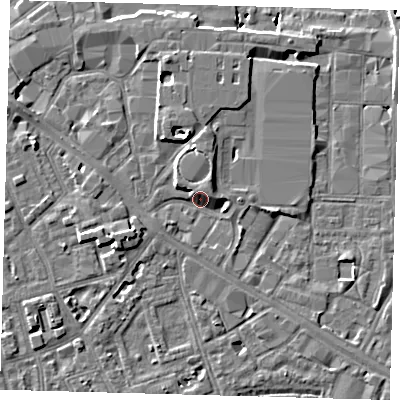 Shaded relief map of the ground around SE151JR, computed from Environment Agency LiDAR. The ground here sits at about 4 m above sea level and falls 7 m across the surrounding 800 m. Surface water reaching this point runs off ground lying to the north-north-west, 4.5 m higher.