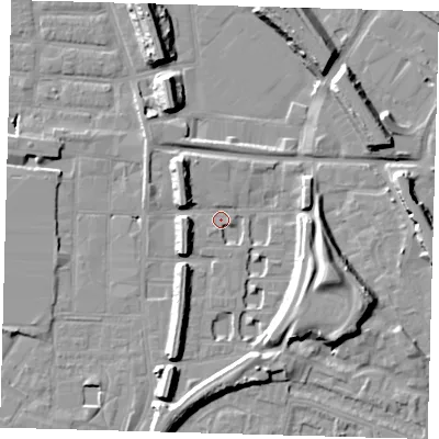 Shaded relief map of the ground around SE151JW, computed from Environment Agency LiDAR. The ground here sits at about 2 m above sea level and falls 15 m across the surrounding 800 m. Surface water reaching this point runs off ground lying to the east-south-east, 12.1 m higher.