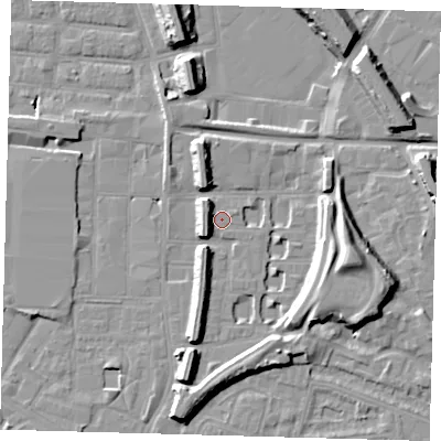 Shaded relief map of the ground around SE151JX, computed from Environment Agency LiDAR. The ground here sits at about 3 m above sea level and falls 15 m across the surrounding 800 m. Surface water reaching this point runs off ground lying to the north-west, 5.0 m higher.