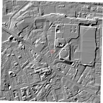 Shaded relief map of the ground around SE151LW, computed from Environment Agency LiDAR. The ground here sits at about 3 m above sea level and falls 7 m across the surrounding 800 m. Surface water reaching this point runs off ground lying to the north-north-east, 3.7 m higher.