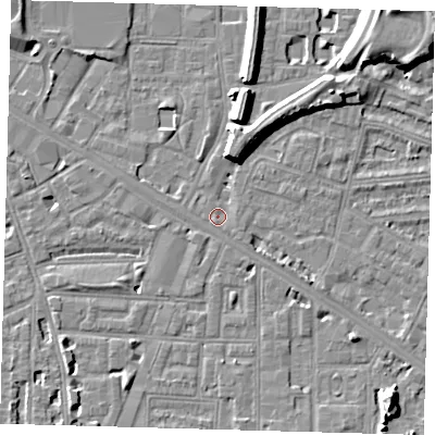 Shaded relief map of the ground around SE151NL, computed from Environment Agency LiDAR. The ground here sits at about 3 m above sea level and falls 10 m across the surrounding 800 m. Surface water reaching this point runs off ground lying to the south-east, 1.2 m higher.