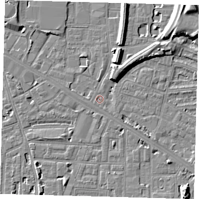 Shaded relief map of the ground around SE151NN, computed from Environment Agency LiDAR. The ground here sits at about 3 m above sea level and falls 13 m across the surrounding 800 m. Surface water reaching this point runs off ground lying to the north-east, 7.4 m higher.