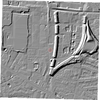 Shaded relief map of the ground around SE151NP, computed from Environment Agency LiDAR. The ground here sits at about 3 m above sea level and falls 15 m across the surrounding 800 m. Surface water reaching this point runs off ground lying to the east-south-east, 4.9 m higher.