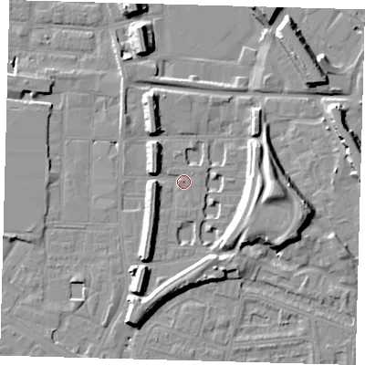 Shaded relief map of the ground around SE151NR, computed from Environment Agency LiDAR. The ground here sits at about 3 m above sea level and falls 15 m across the surrounding 800 m. Surface water reaching this point runs off ground lying to the east, 9.1 m higher.