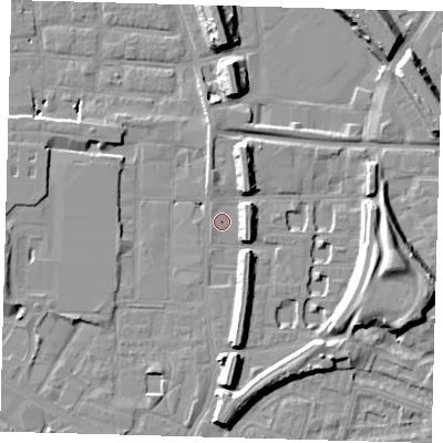 Shaded relief map of the ground around SE151NS, computed from Environment Agency LiDAR. The ground here sits at about 2 m above sea level and falls 15 m across the surrounding 800 m. Surface water reaching this point runs off ground lying to the east-south-east, 12.1 m higher.