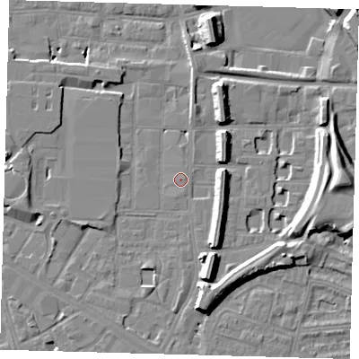 Shaded relief map of the ground around SE151NT, computed from Environment Agency LiDAR. The ground here sits at about 2 m above sea level and falls 15 m across the surrounding 800 m. Surface water reaching this point runs off ground lying to the south-south-west, 0.5 m higher.