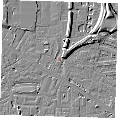 Shaded relief map of the ground around SE151NW, computed from Environment Agency LiDAR. The ground here sits at about 3 m above sea level and falls 13 m across the surrounding 800 m. Surface water reaching this point runs off ground lying to the east-north-east, 7.4 m higher.