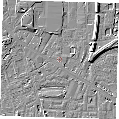 Shaded relief map of the ground around SE151NX, computed from Environment Agency LiDAR. The ground here sits at about 3 m above sea level and falls 8 m across the surrounding 800 m. Surface water reaching this point runs off ground lying to the south-south-east, 0.7 m higher.