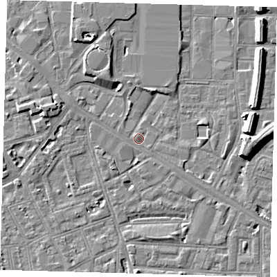 Shaded relief map of the ground around SE151NZ, computed from Environment Agency LiDAR. The ground here sits at about 3 m above sea level and falls 8 m across the surrounding 800 m. Surface water reaching this point runs off ground lying to the north-north-west, 0.6 m higher.