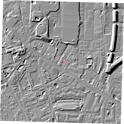 Shaded relief map of the ground around SE151PB, computed from Environment Agency LiDAR. The ground here sits at about 3 m above sea level and falls 8 m across the surrounding 800 m. Surface water reaching this point runs off ground lying to the south-west, 0.9 m higher.