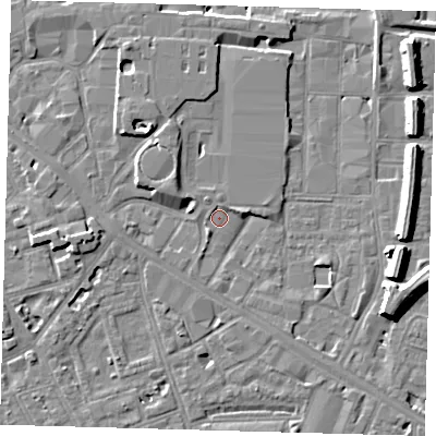 Shaded relief map of the ground around SE151PD, computed from Environment Agency LiDAR. The ground here sits at about 3 m above sea level and falls 10 m across the surrounding 800 m. Surface water reaching this point runs off ground lying to the north-west, 4.3 m higher.