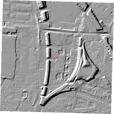 Shaded relief map of the ground around SE151PG, computed from Environment Agency LiDAR. The ground here sits at about 3 m above sea level and falls 15 m across the surrounding 800 m. Surface water reaching this point runs off ground lying to the east-south-east, 9.1 m higher.