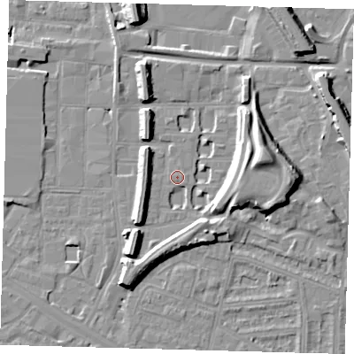 Shaded relief map of the ground around SE151PH, computed from Environment Agency LiDAR. The ground here sits at about 3 m above sea level and falls 15 m across the surrounding 800 m. Surface water reaching this point runs off ground lying to the east-north-east, 9.1 m higher.
