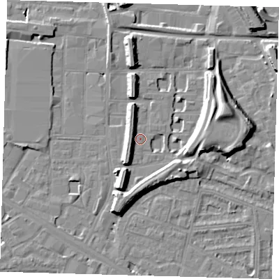 Shaded relief map of the ground around SE151PJ, computed from Environment Agency LiDAR. The ground here sits at about 3 m above sea level and falls 15 m across the surrounding 800 m. Surface water reaching this point runs off ground lying to the east-north-east, 9.1 m higher.