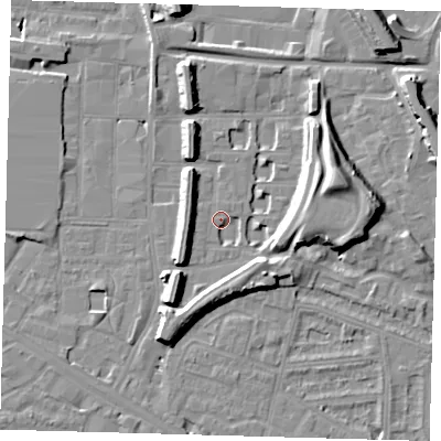 Shaded relief map of the ground around SE151PL, computed from Environment Agency LiDAR. The ground here sits at about 3 m above sea level and falls 15 m across the surrounding 800 m. Surface water reaching this point runs off ground lying to the east-north-east, 9.1 m higher.