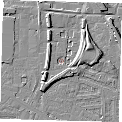 Shaded relief map of the ground around SE151PN, computed from Environment Agency LiDAR. The ground here sits at about 1 m above sea level and falls 14 m across the surrounding 800 m. Surface water reaching this point runs off ground lying to the east-north-east, 9.1 m higher.