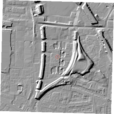 Shaded relief map of the ground around SE151PQ, computed from Environment Agency LiDAR. The ground here sits at about 2 m above sea level and falls 13 m across the surrounding 800 m. Surface water reaching this point runs off ground lying to the east, 9.1 m higher.
