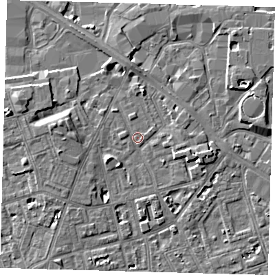 Shaded relief map of the ground around SE151RT, computed from Environment Agency LiDAR. The ground here sits at about 3 m above sea level and falls 7 m across the surrounding 800 m. Surface water reaching this point runs off ground lying to the west, 5.0 m higher.