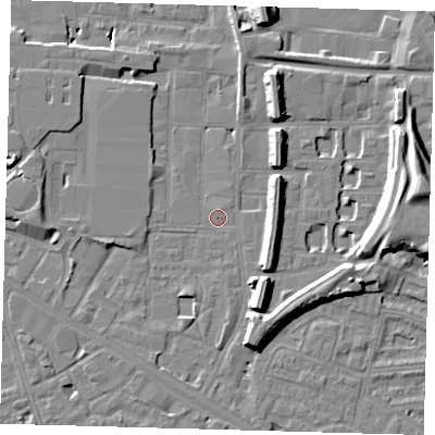 Shaded relief map of the ground around SE151SX, computed from Environment Agency LiDAR. The ground here sits at about 2 m above sea level and falls 15 m across the surrounding 800 m. Surface water reaching this point runs off ground lying to the south-south-east, 7.4 m higher.